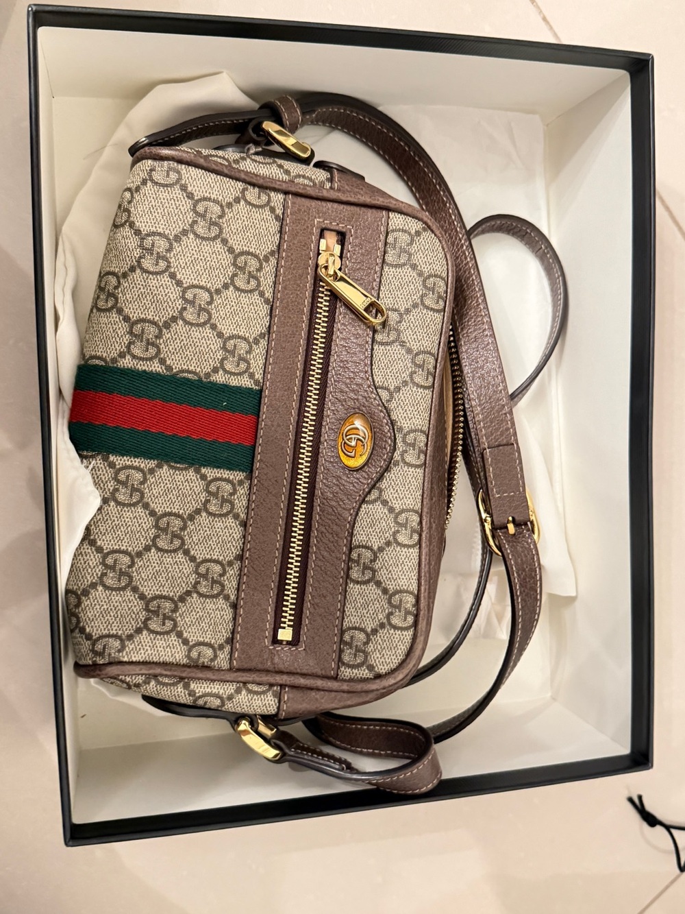 Gucci Brown GG Canvas Crossbody with Green-Red Web Stripe
